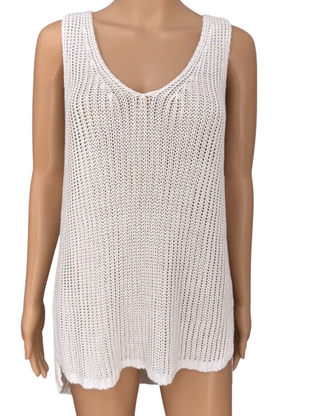 360 Sweater White Open-Weave V-Neck Sleeveless Tank